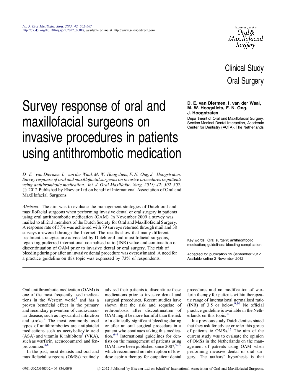 Survey response of oral and maxillofacial surgeons on invasive procedures in patients using antithrombotic medication