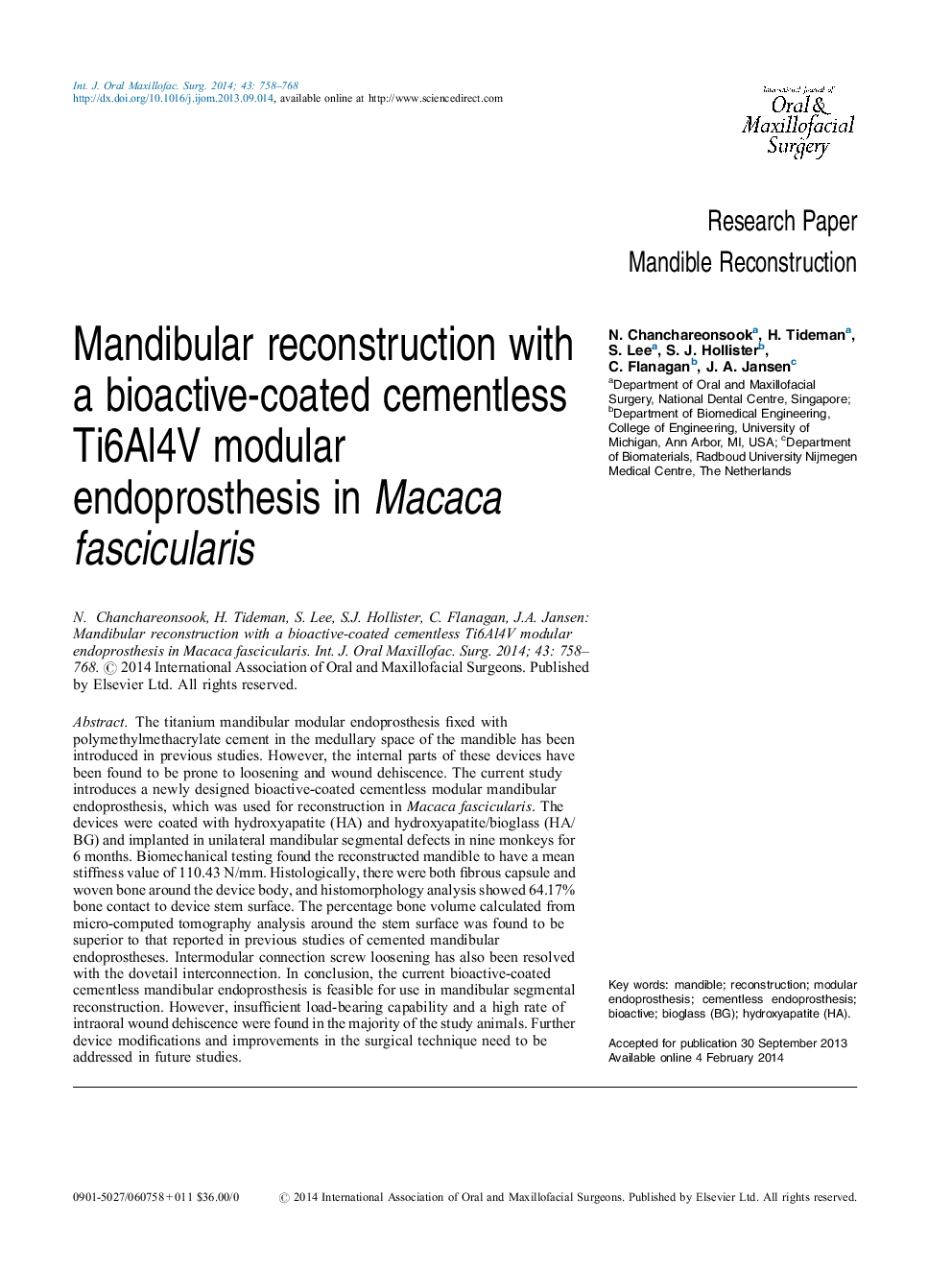 Mandibular reconstruction with a bioactive-coated cementless Ti6Al4V modular endoprosthesis in Macaca fascicularis