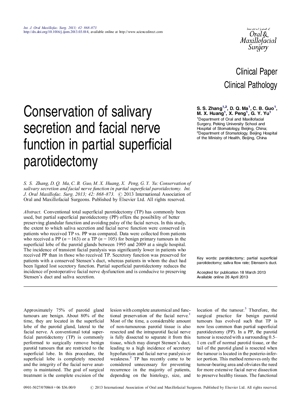 Conservation of salivary secretion and facial nerve function in partial superficial parotidectomy