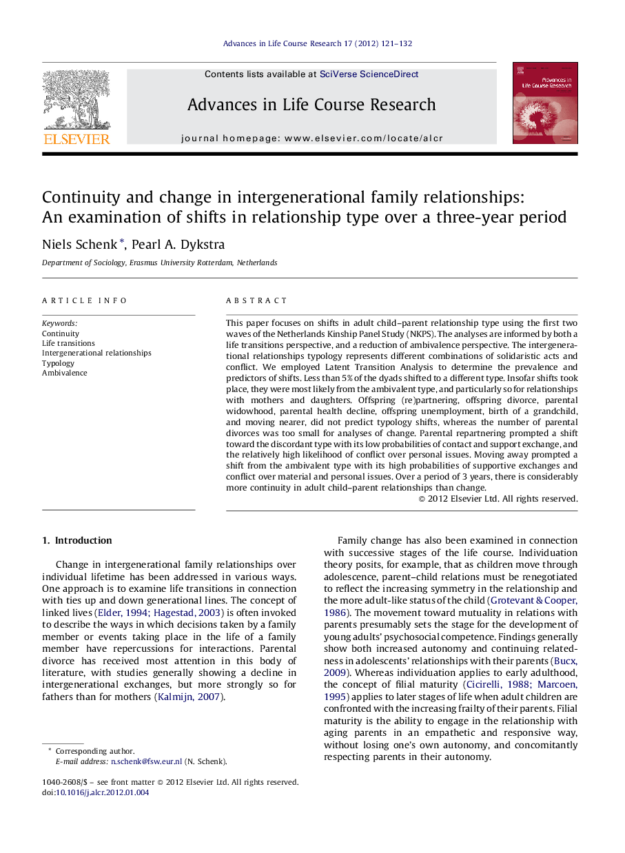 Continuity and change in intergenerational family relationships: An examination of shifts in relationship type over a three-year period