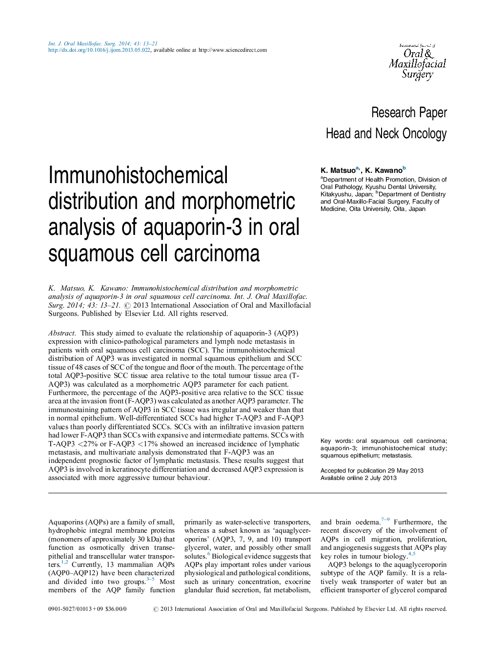 توزیع ایمونوهیستوشیمی و تحلیل مورفومتریک آکوپورین-3 در کارسینوم سلول سنگفرشی دهانی 