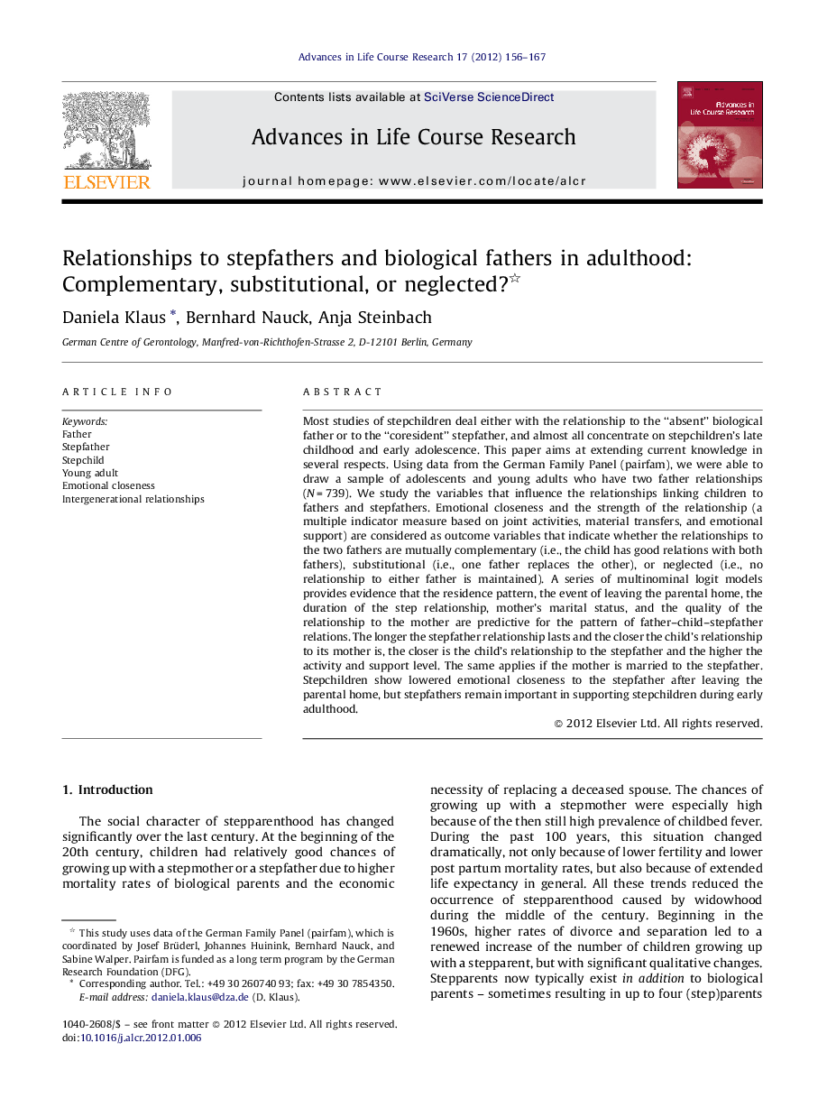 Relationships to stepfathers and biological fathers in adulthood: Complementary, substitutional, or neglected? 