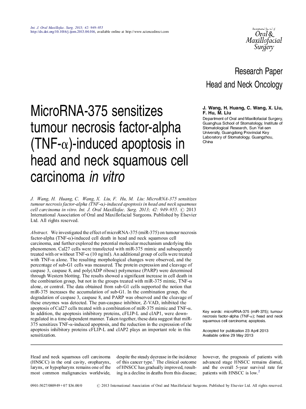 MicroRNA-375 sensitizes tumour necrosis factor-alpha (TNF-α)-induced apoptosis in head and neck squamous cell carcinoma in vitro