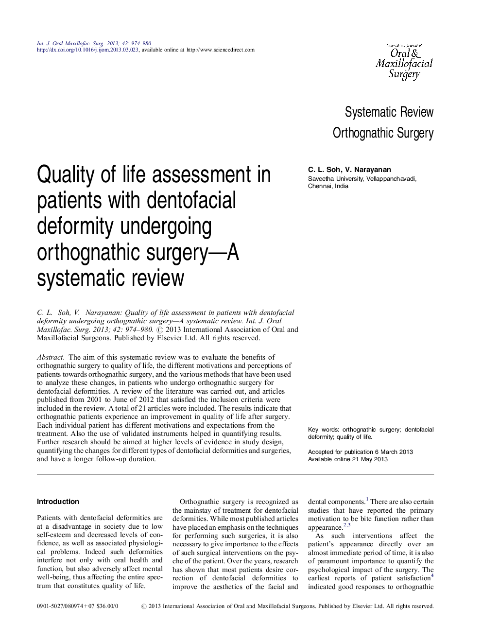 Quality of life assessment in patients with dentofacial deformity undergoing orthognathic surgery—A systematic review