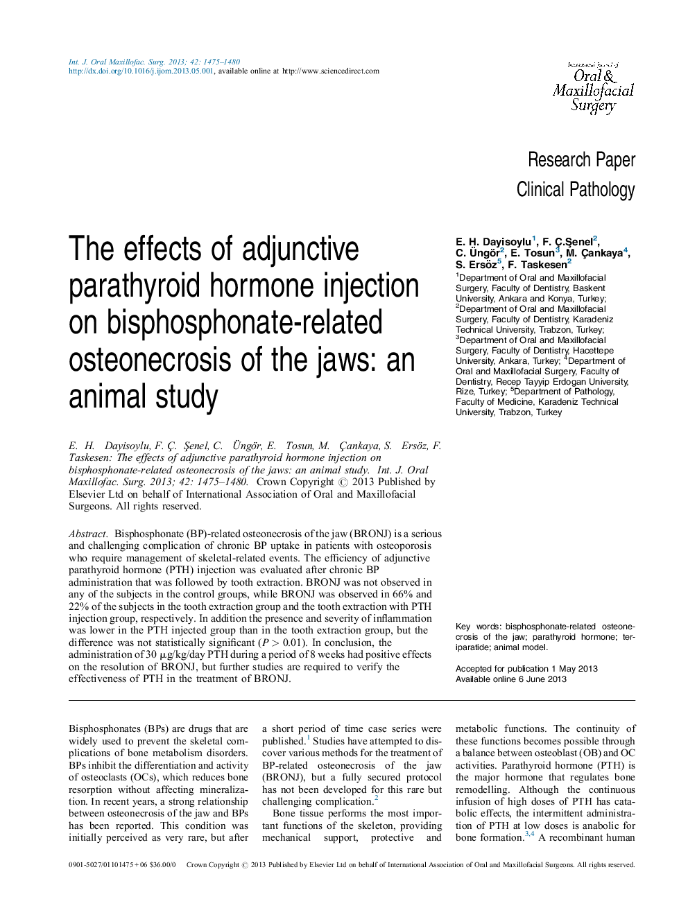 The effects of adjunctive parathyroid hormone injection on bisphosphonate-related osteonecrosis of the jaws: an animal study