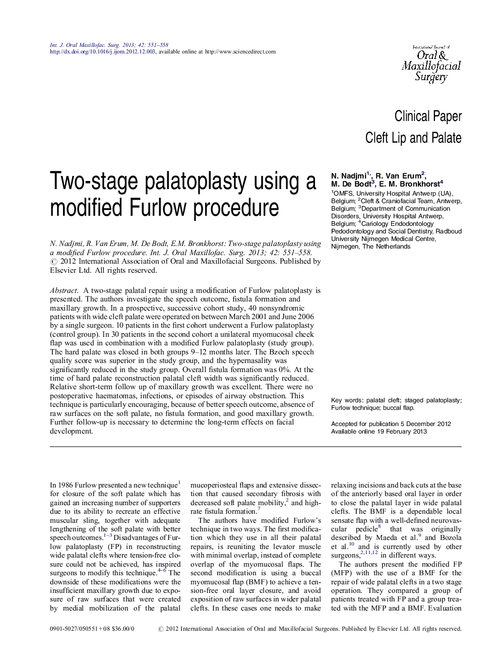 Two-stage palatoplasty using a modified Furlow procedure