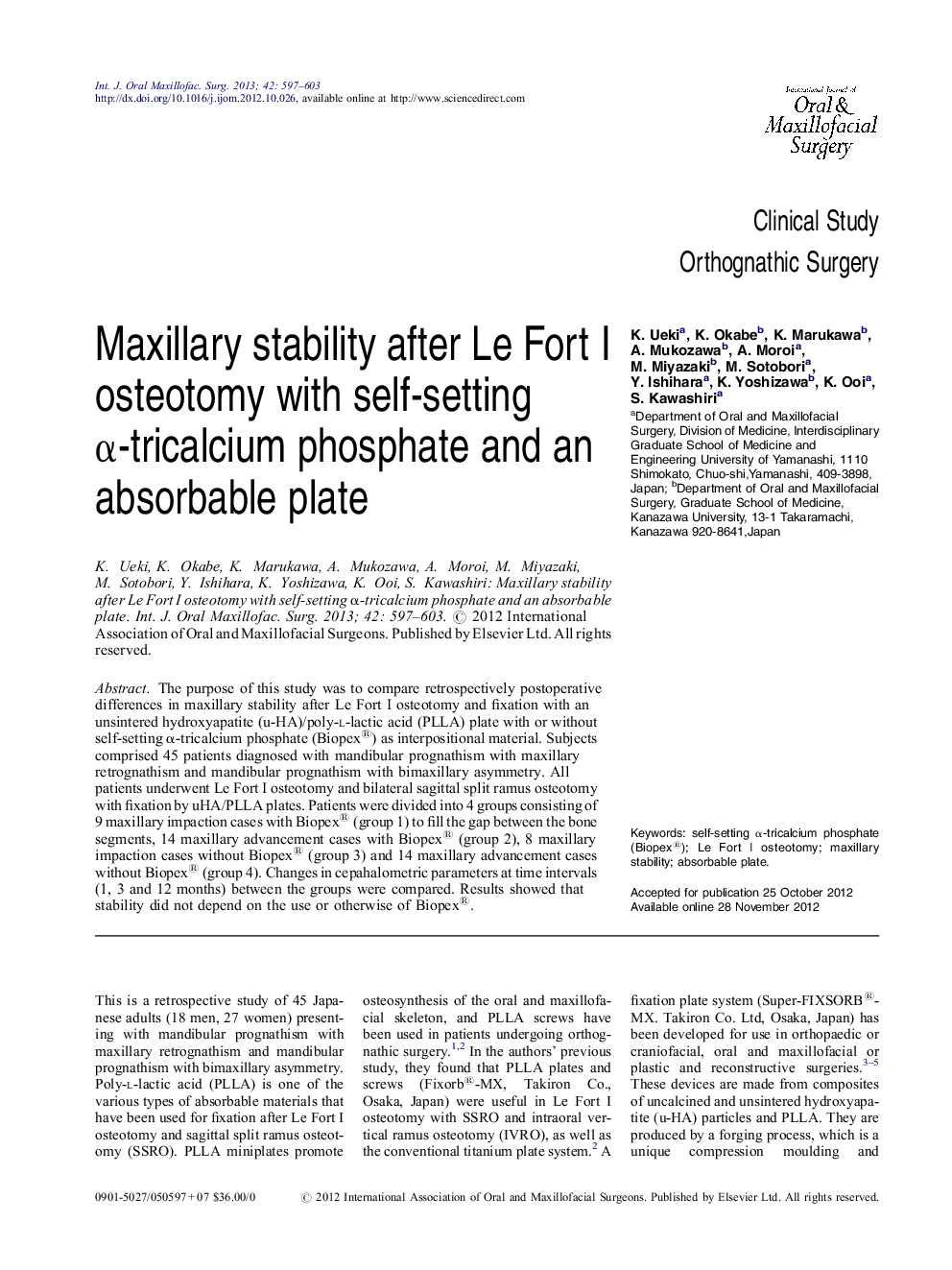 Maxillary stability after Le Fort I osteotomy with self-setting α-tricalcium phosphate and an absorbable plate