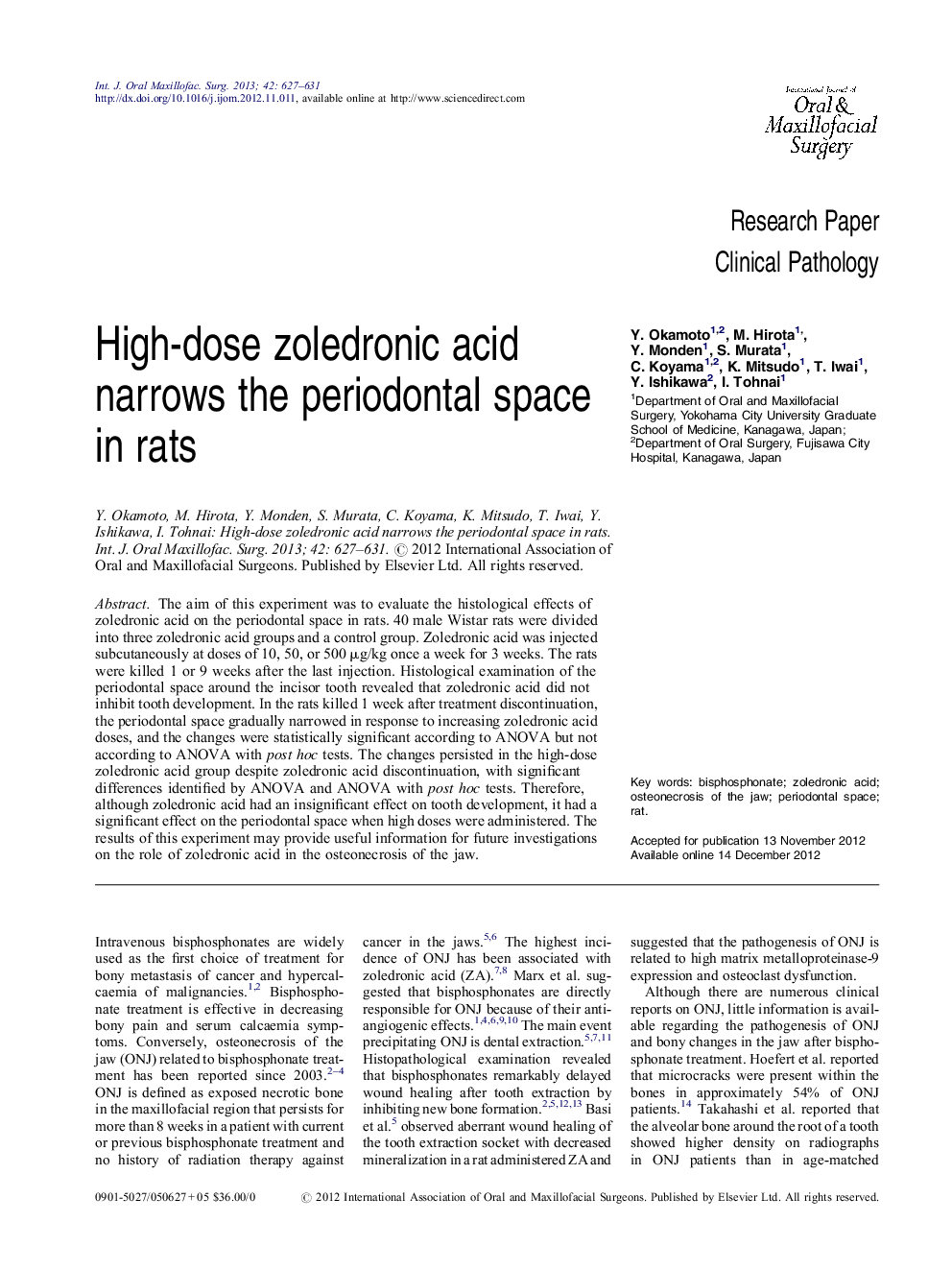 High-dose zoledronic acid narrows the periodontal space in rats