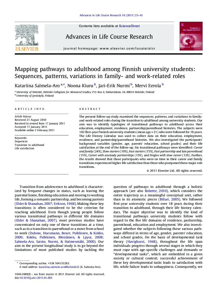 Mapping pathways to adulthood among Finnish university students: Sequences, patterns, variations in family- and work-related roles