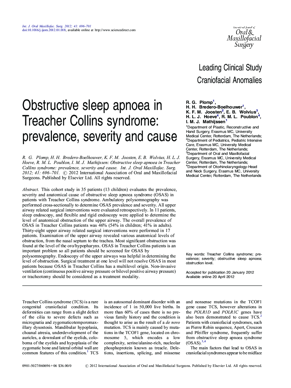 Obstructive sleep apnoea in Treacher Collins syndrome: prevalence, severity and cause