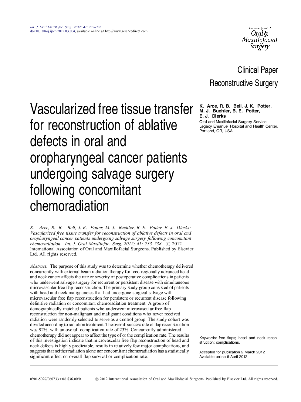 Vascularized free tissue transfer for reconstruction of ablative defects in oral and oropharyngeal cancer patients undergoing salvage surgery following concomitant chemoradiation