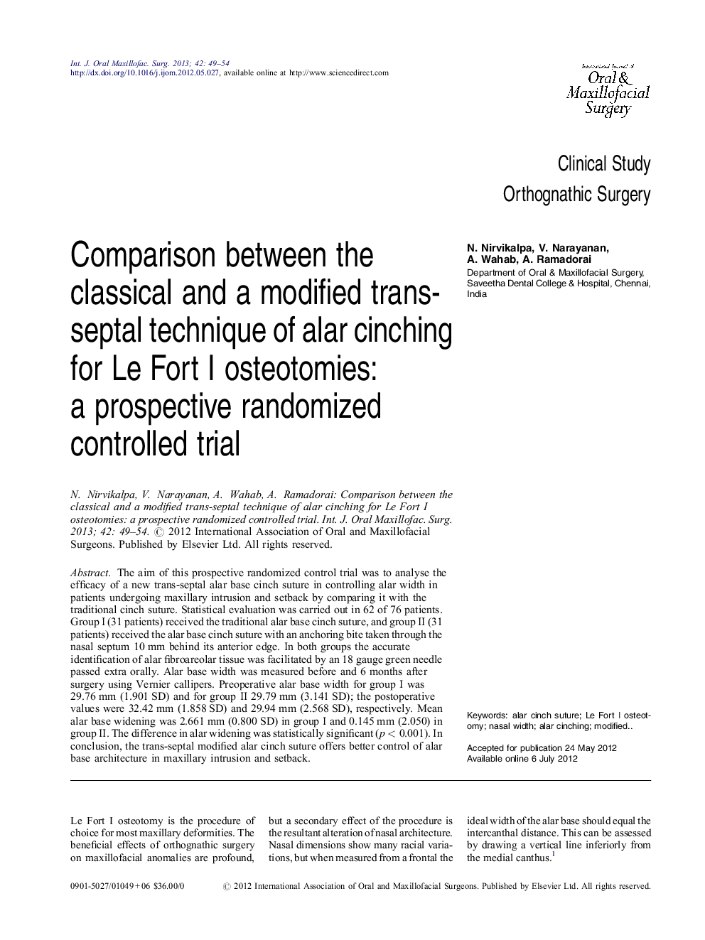 Comparison between the classical and a modified trans-septal technique of alar cinching for Le Fort I osteotomies: a prospective randomized controlled trial