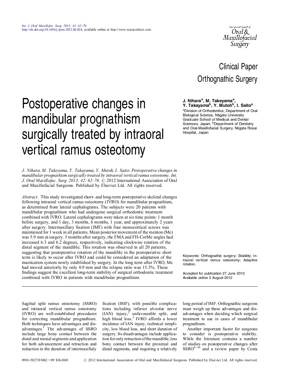 Postoperative changes in mandibular prognathism surgically treated by intraoral vertical ramus osteotomy