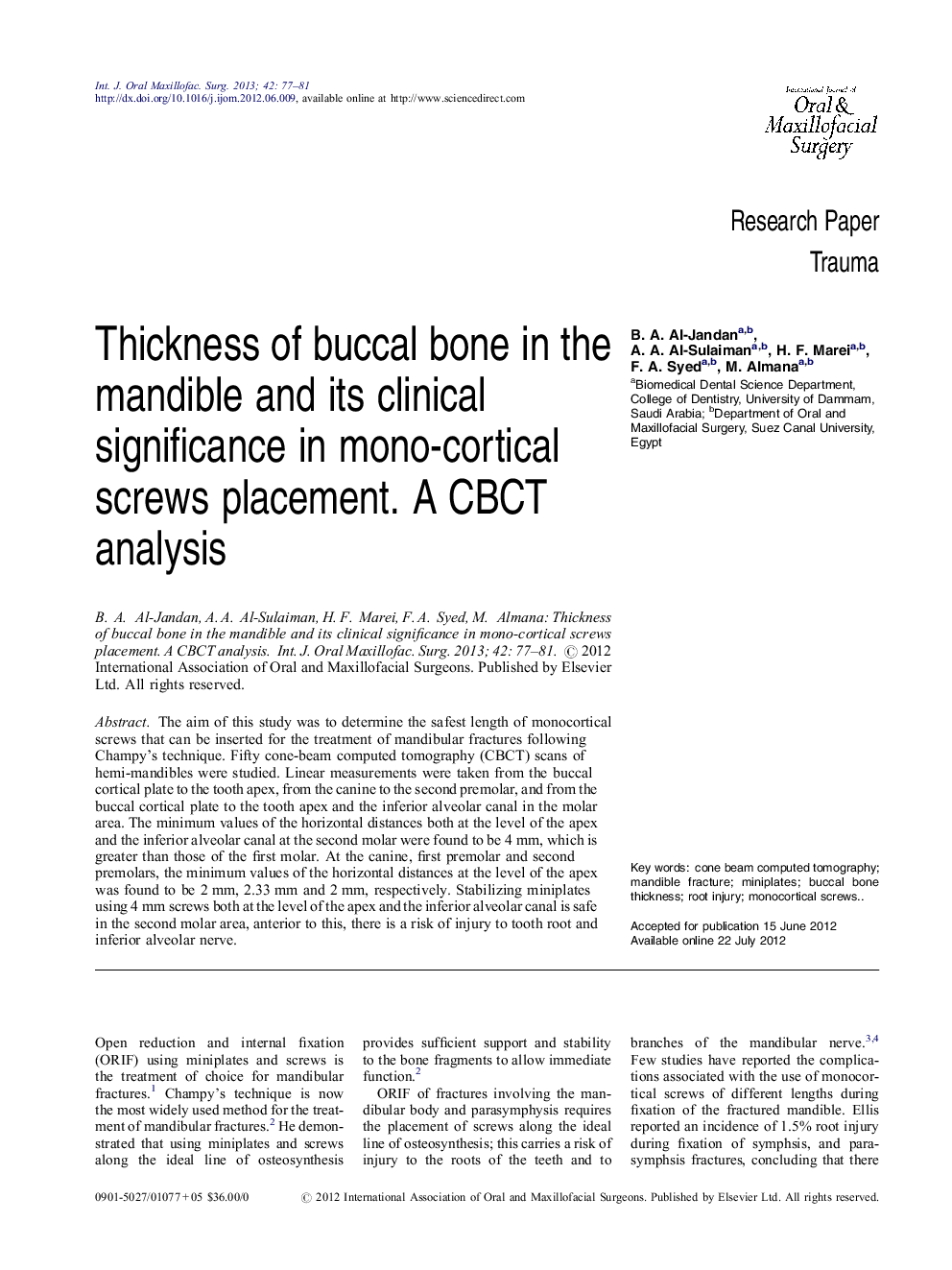 Thickness of buccal bone in the mandible and its clinical significance in mono-cortical screws placement. A CBCT analysis