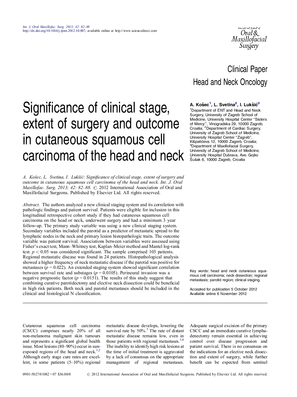 Significance of clinical stage, extent of surgery and outcome in cutaneous squamous cell carcinoma of the head and neck