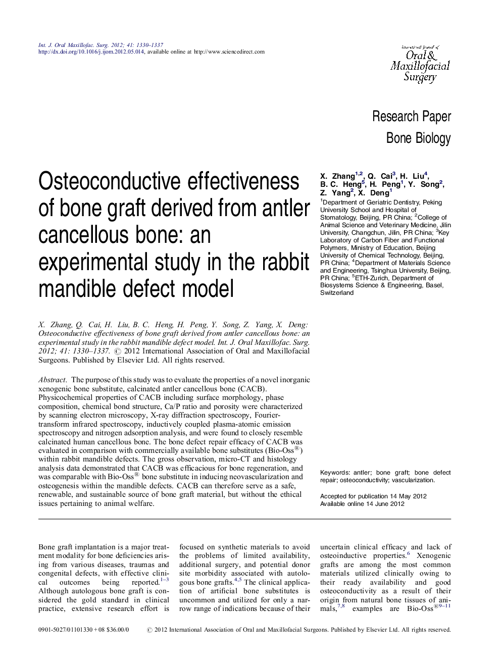 Osteoconductive effectiveness of bone graft derived from antler cancellous bone: an experimental study in the rabbit mandible defect model