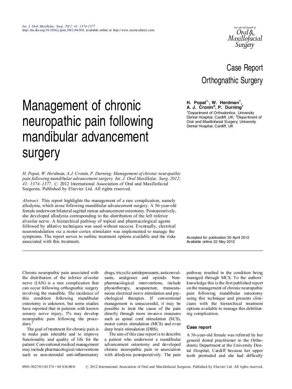 Management of chronic neuropathic pain following mandibular advancement surgery