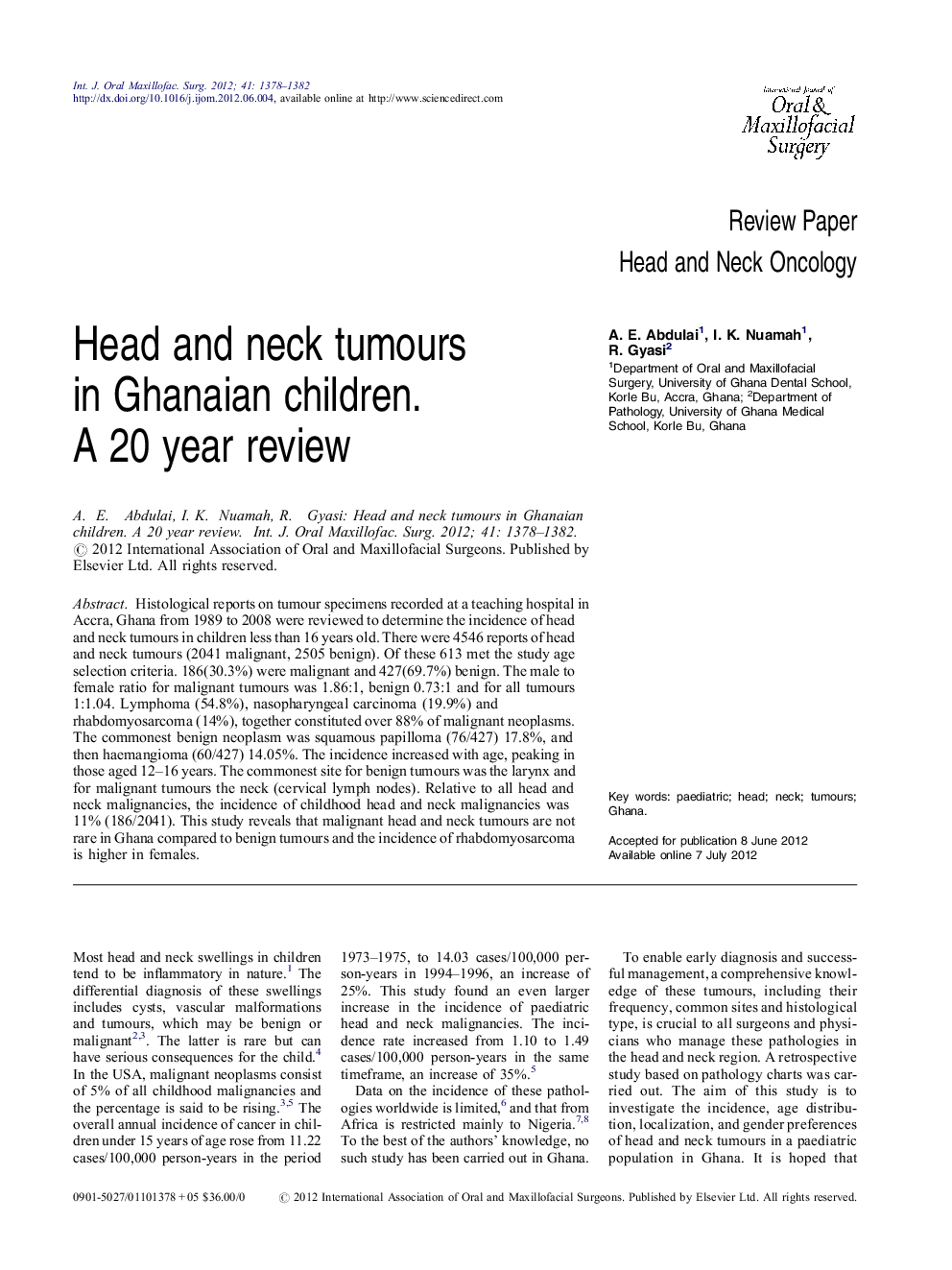 Head and neck tumours in Ghanaian children. A 20 year review