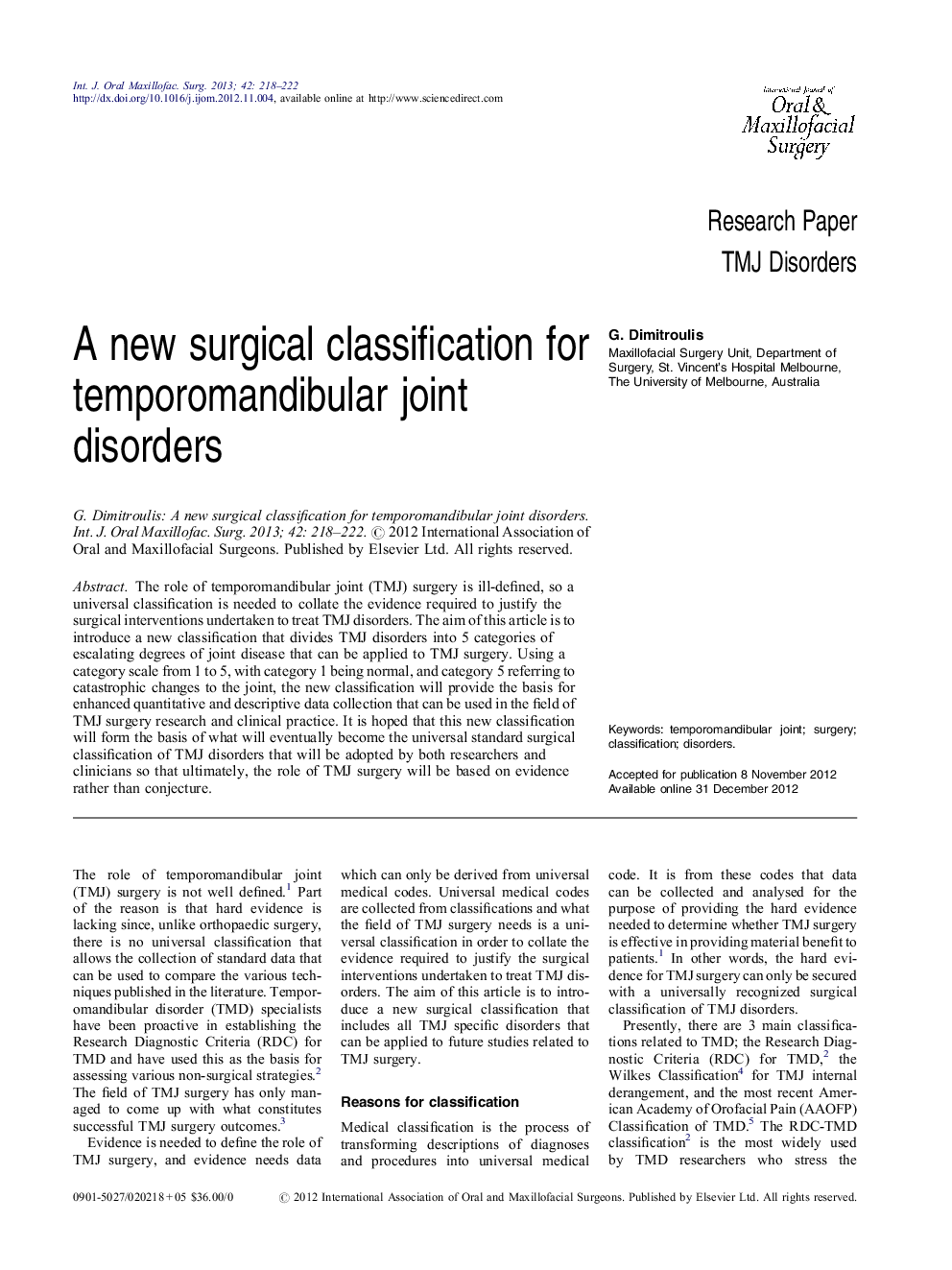 A new surgical classification for temporomandibular joint disorders