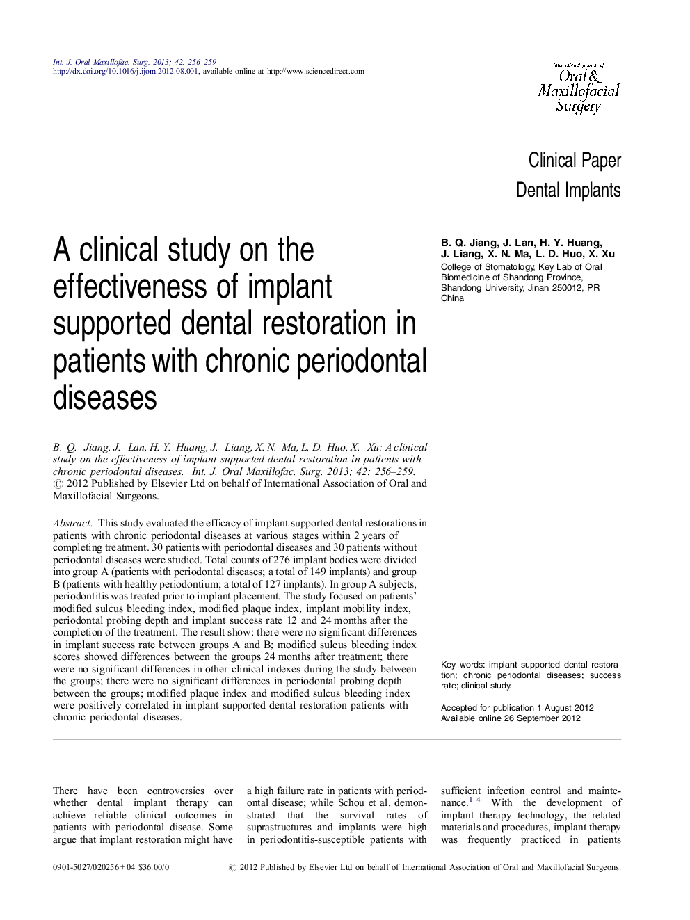 A clinical study on the effectiveness of implant supported dental restoration in patients with chronic periodontal diseases