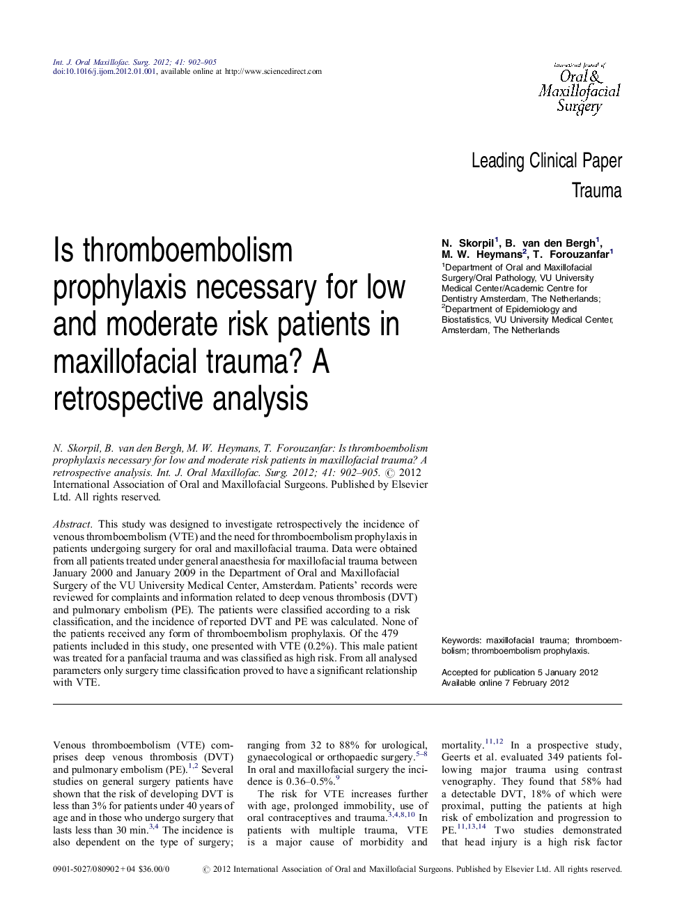 Is thromboembolism prophylaxis necessary for low and moderate risk patients in maxillofacial trauma? A retrospective analysis