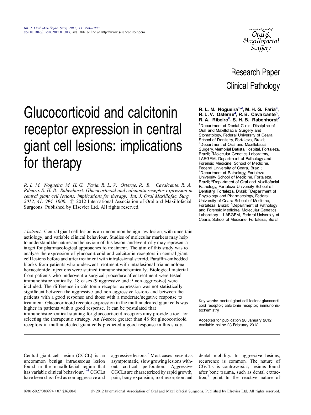 Glucocorticoid and calcitonin receptor expression in central giant cell lesions: implications for therapy