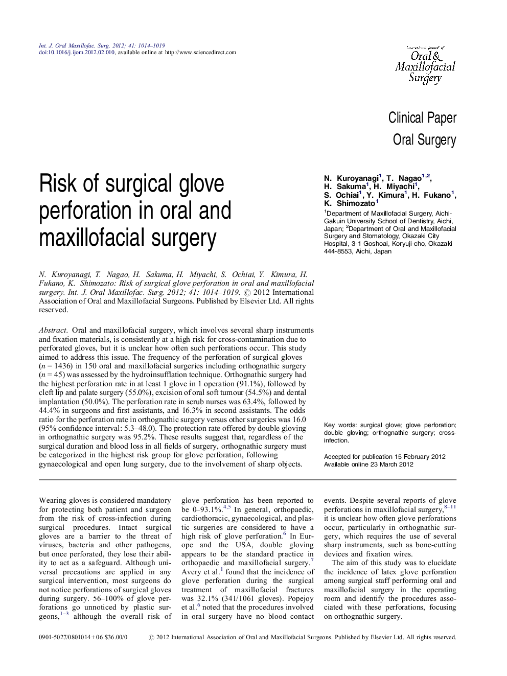 Risk of surgical glove perforation in oral and maxillofacial surgery