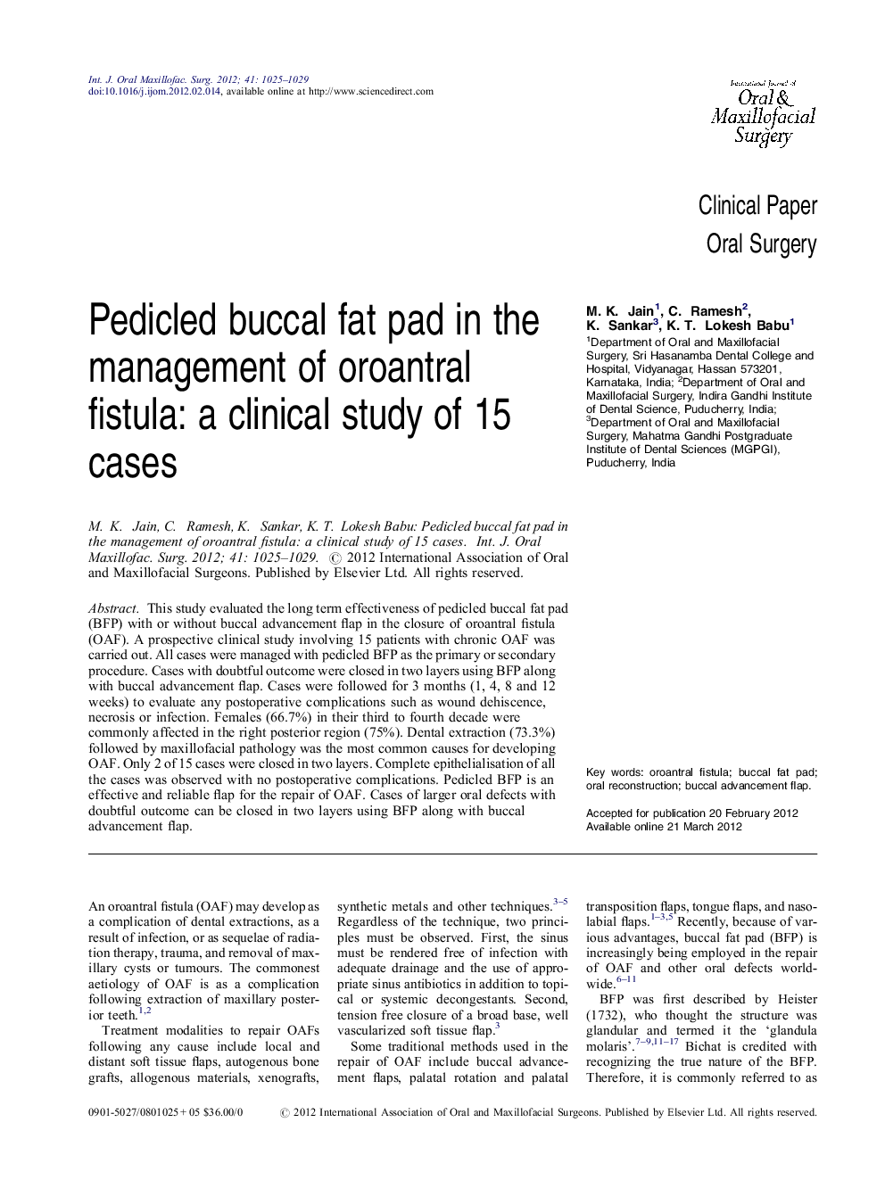 Pedicled buccal fat pad in the management of oroantral fistula: a clinical study of 15 cases