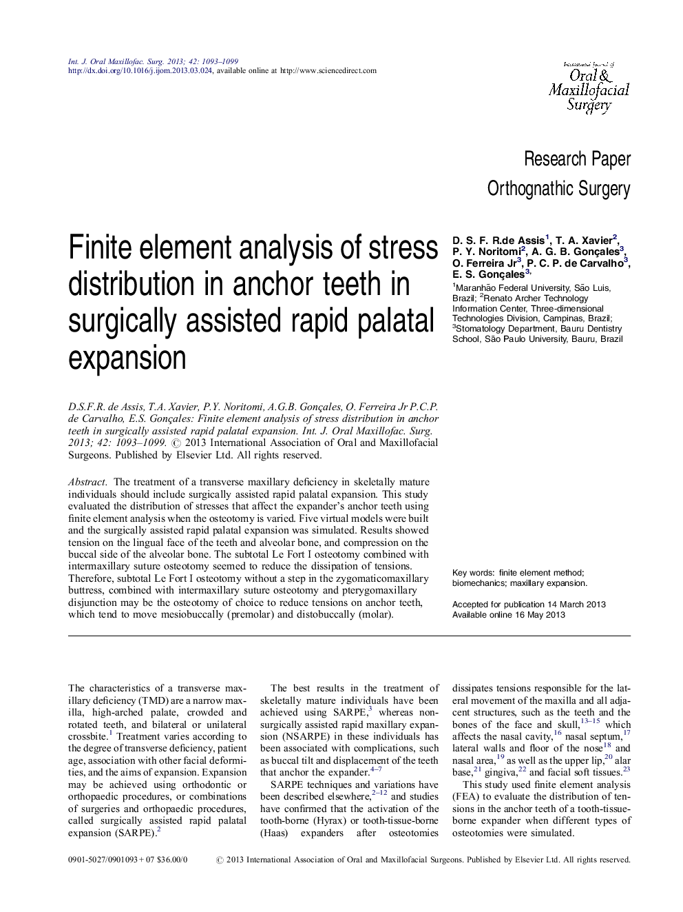 Finite element analysis of stress distribution in anchor teeth in surgically assisted rapid palatal expansion