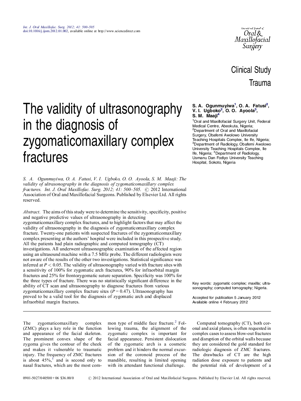 The validity of ultrasonography in the diagnosis of zygomaticomaxillary complex fractures