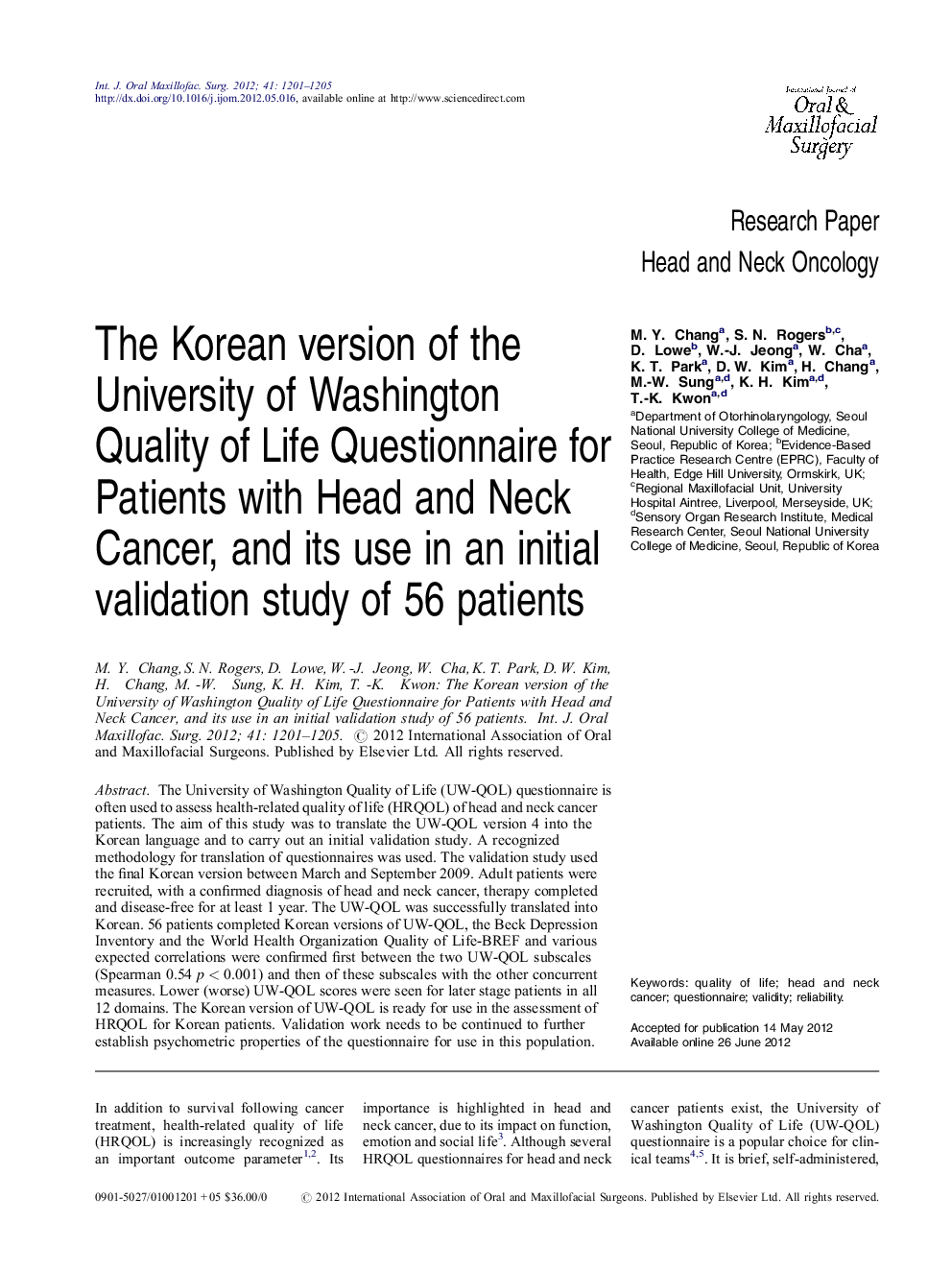 The Korean version of the University of Washington Quality of Life Questionnaire for Patients with Head and Neck Cancer, and its use in an initial validation study of 56 patients