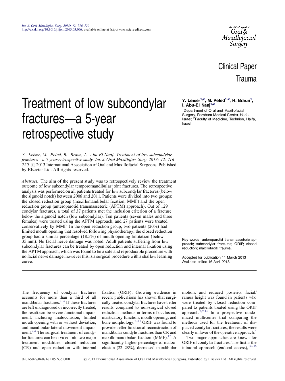 Treatment of low subcondylar fractures—a 5-year retrospective study