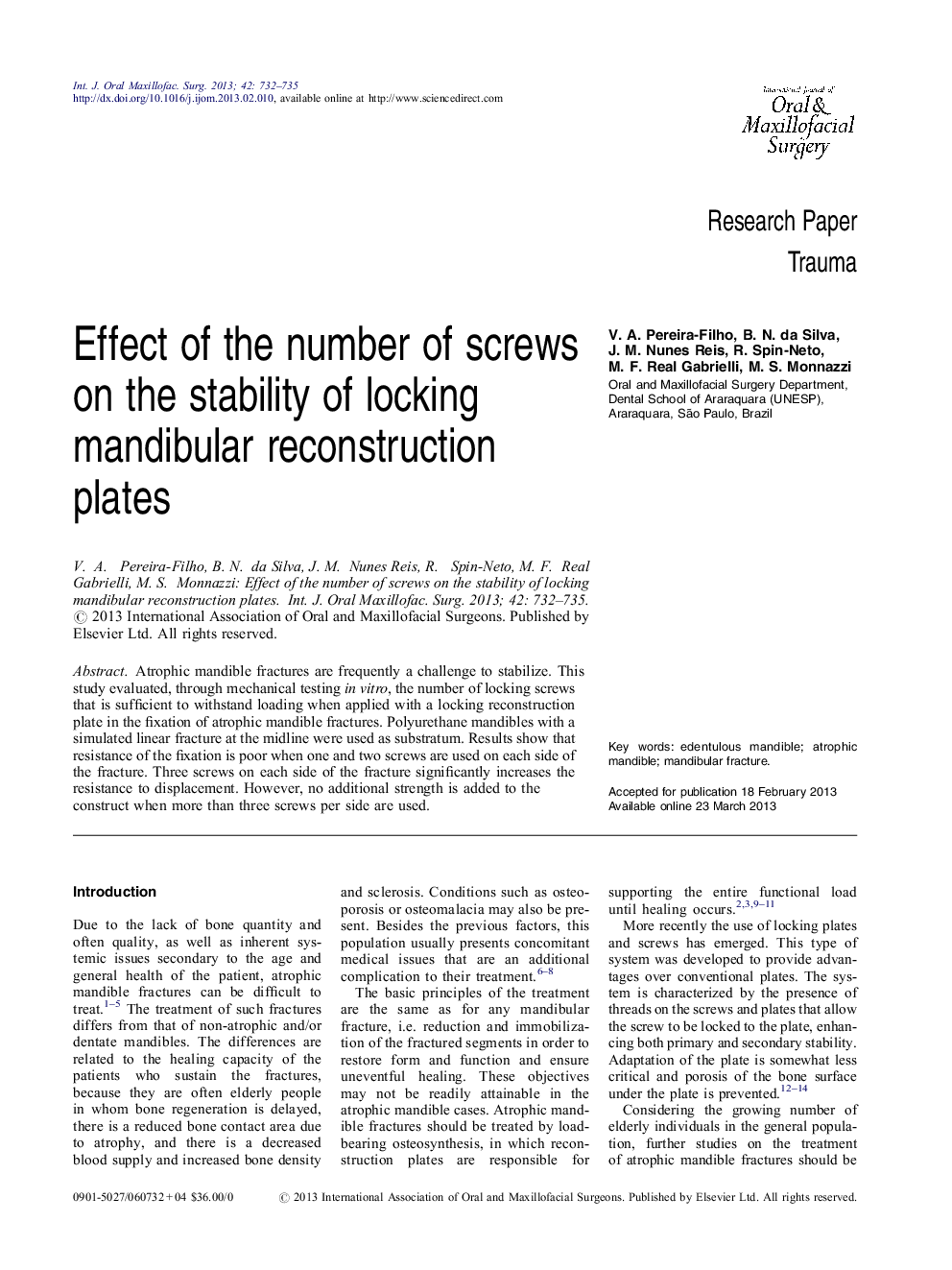 Effect of the number of screws on the stability of locking mandibular reconstruction plates