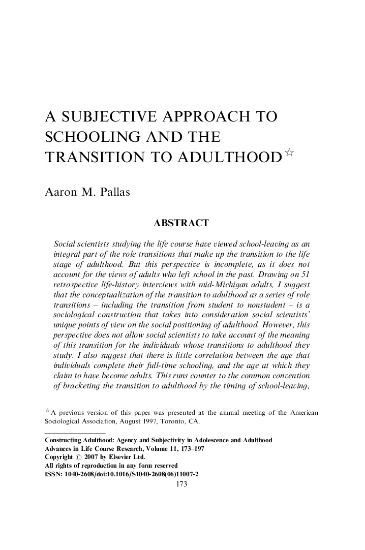 A Subjective Approach to Schooling and the Transition to Adulthood 