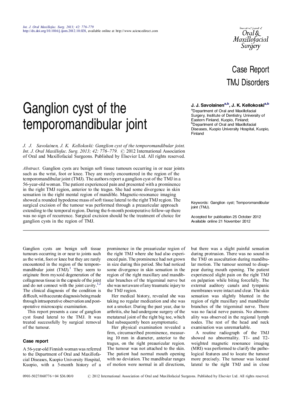 Ganglion cyst of the temporomandibular joint