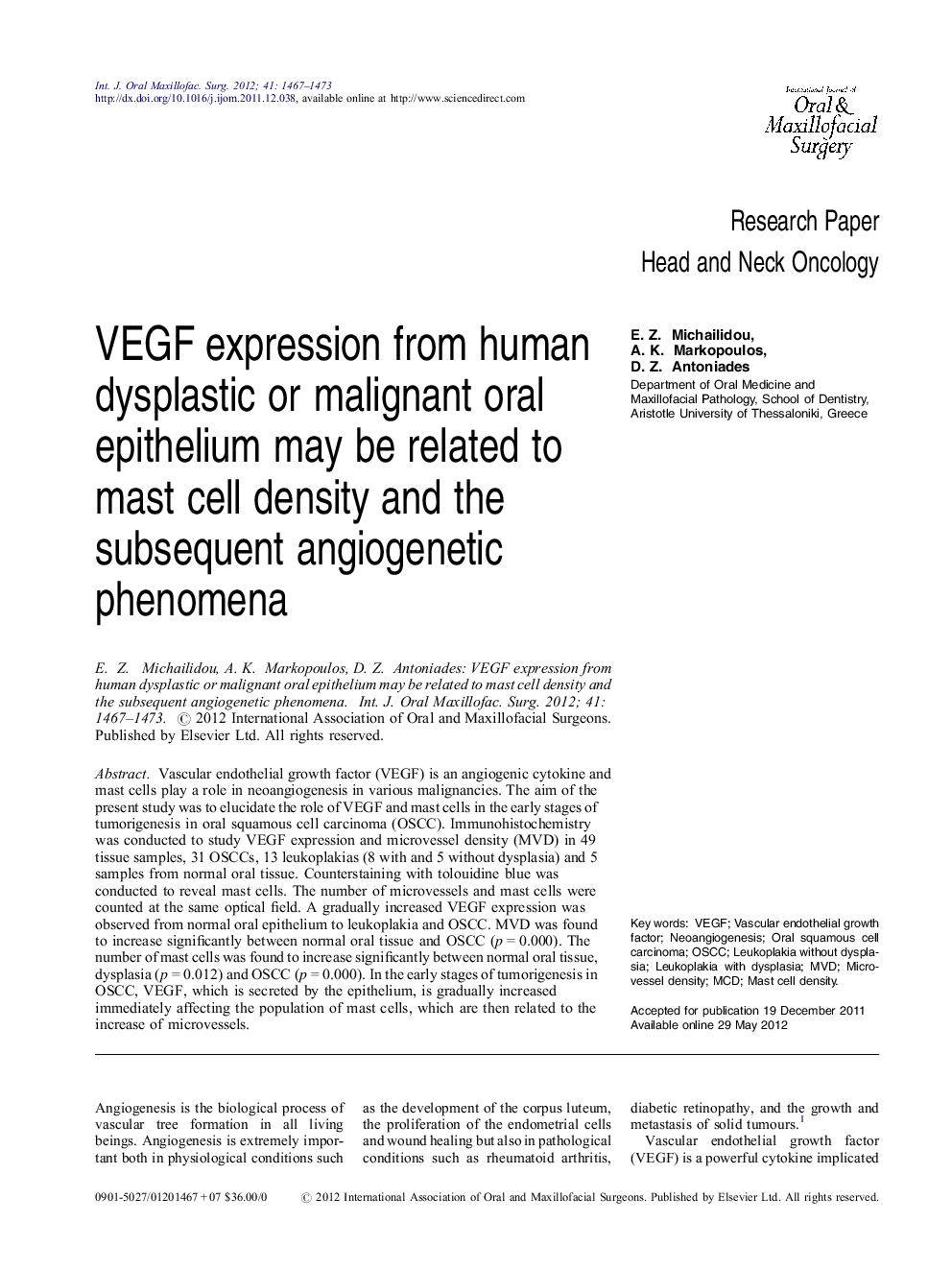 VEGF expression from human dysplastic or malignant oral epithelium may be related to mast cell density and the subsequent angiogenetic phenomena