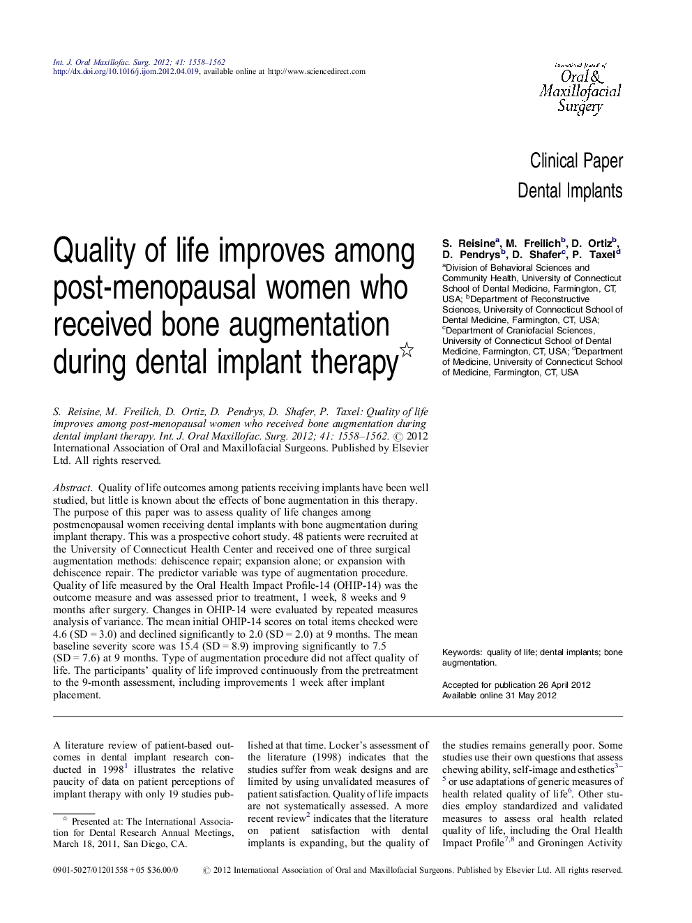 Quality of life improves among post-menopausal women who received bone augmentation during dental implant therapy 