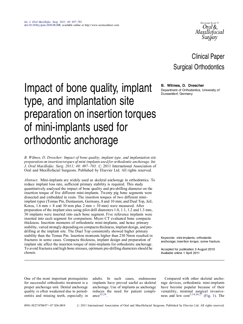 Impact of bone quality, implant type, and implantation site preparation on insertion torques of mini-implants used for orthodontic anchorage