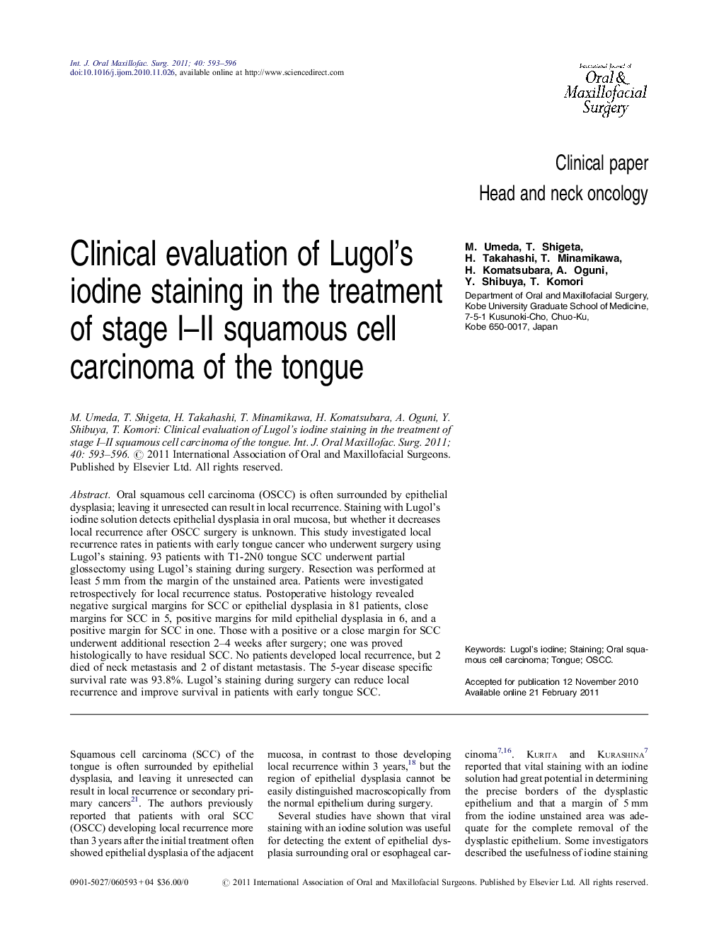 Clinical evaluation of Lugol's iodine staining in the treatment of stage I–II squamous cell carcinoma of the tongue