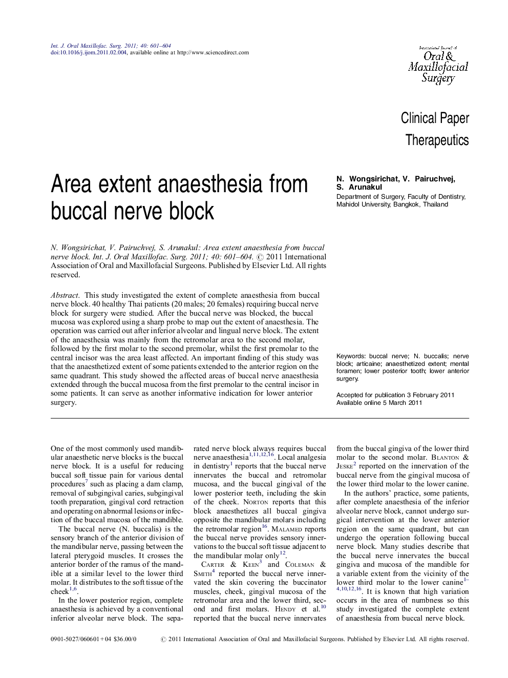 Area extent anaesthesia from buccal nerve block