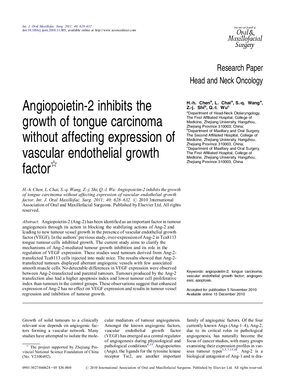 Angiopoietin-2 inhibits the growth of tongue carcinoma without affecting expression of vascular endothelial growth factor 