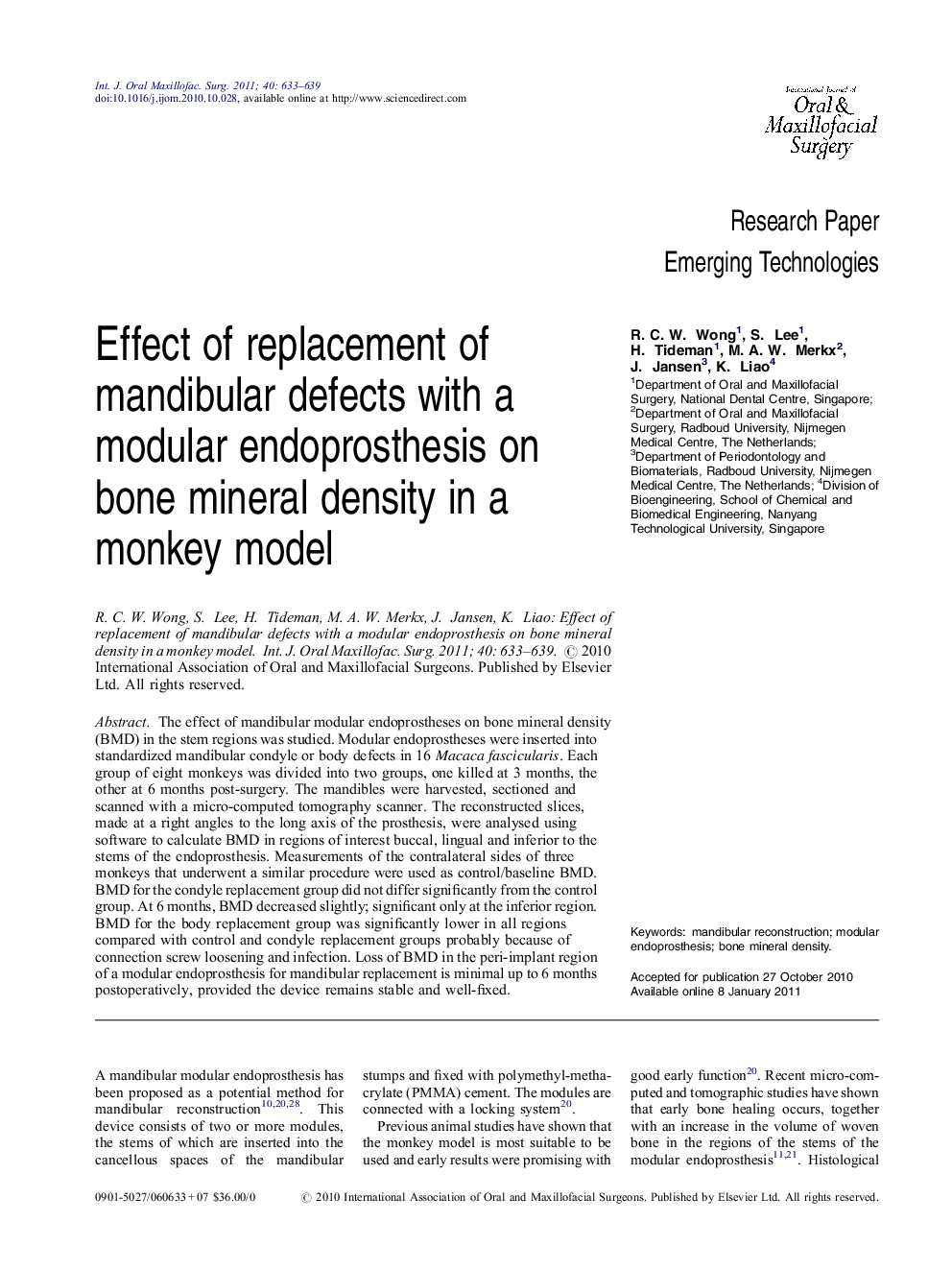 Effect of replacement of mandibular defects with a modular endoprosthesis on bone mineral density in a monkey model