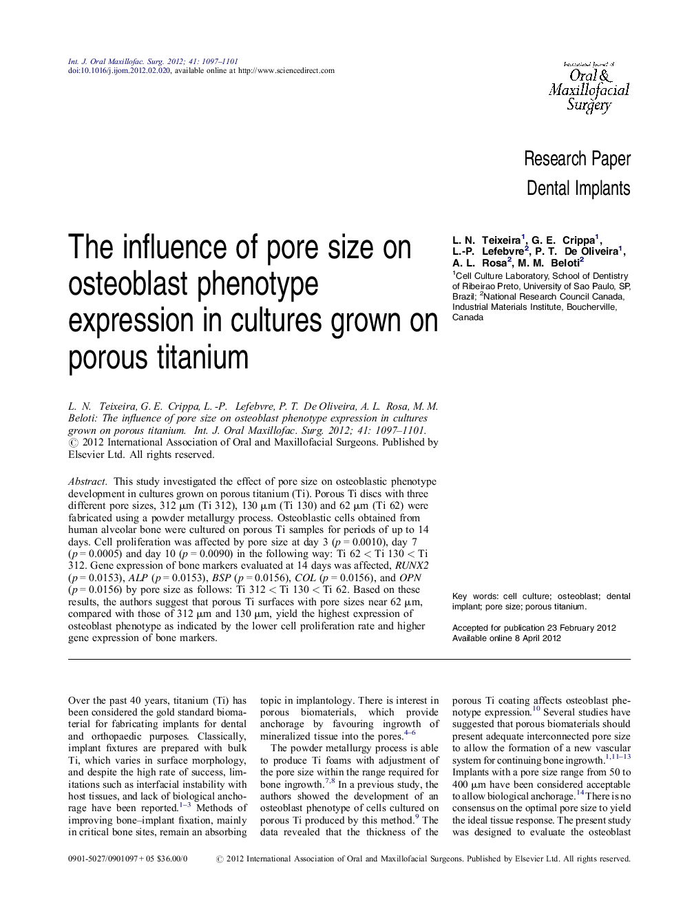 The influence of pore size on osteoblast phenotype expression in cultures grown on porous titanium