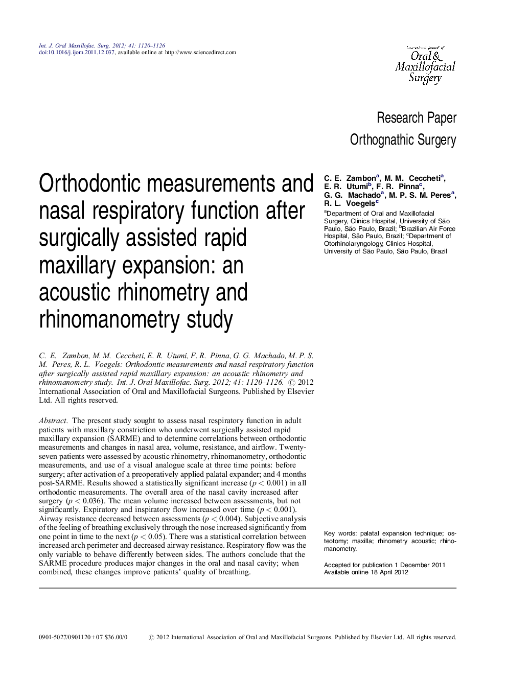 Orthodontic measurements and nasal respiratory function after surgically assisted rapid maxillary expansion: an acoustic rhinometry and rhinomanometry study