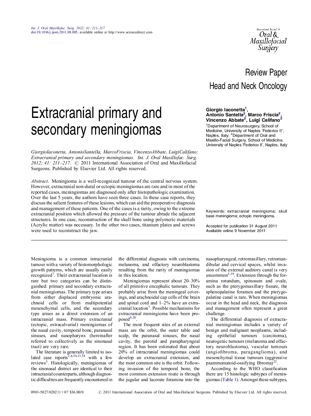 Extracranial primary and secondary meningiomas