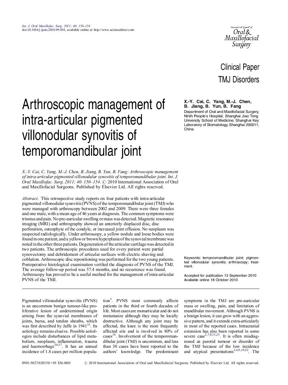 Arthroscopic management of intra-articular pigmented villonodular synovitis of temporomandibular joint