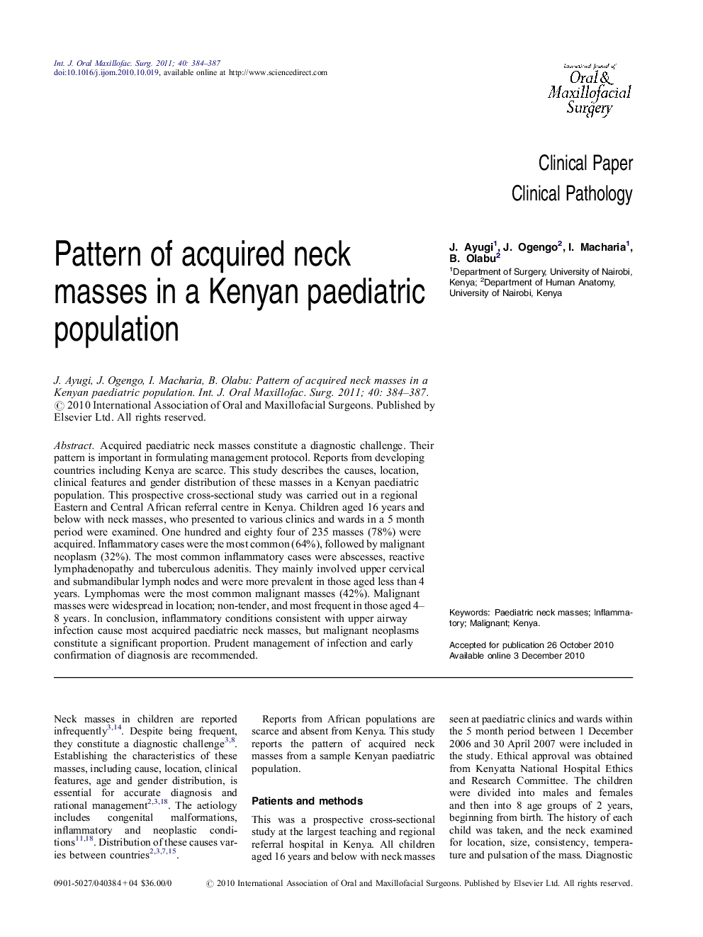 Pattern of acquired neck masses in a Kenyan paediatric population