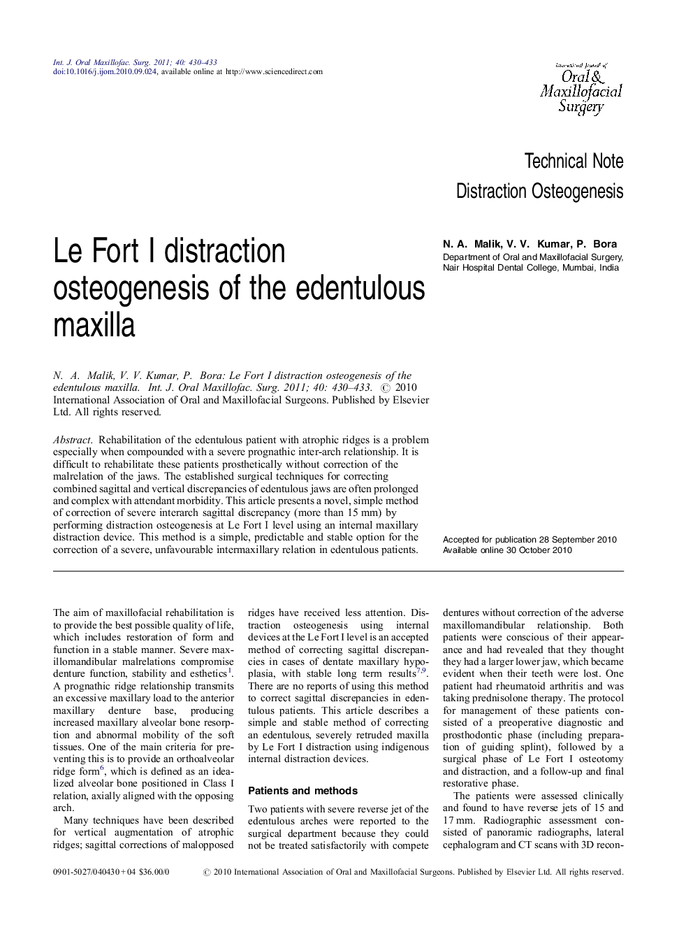 Le Fort I distraction osteogenesis of the edentulous maxilla