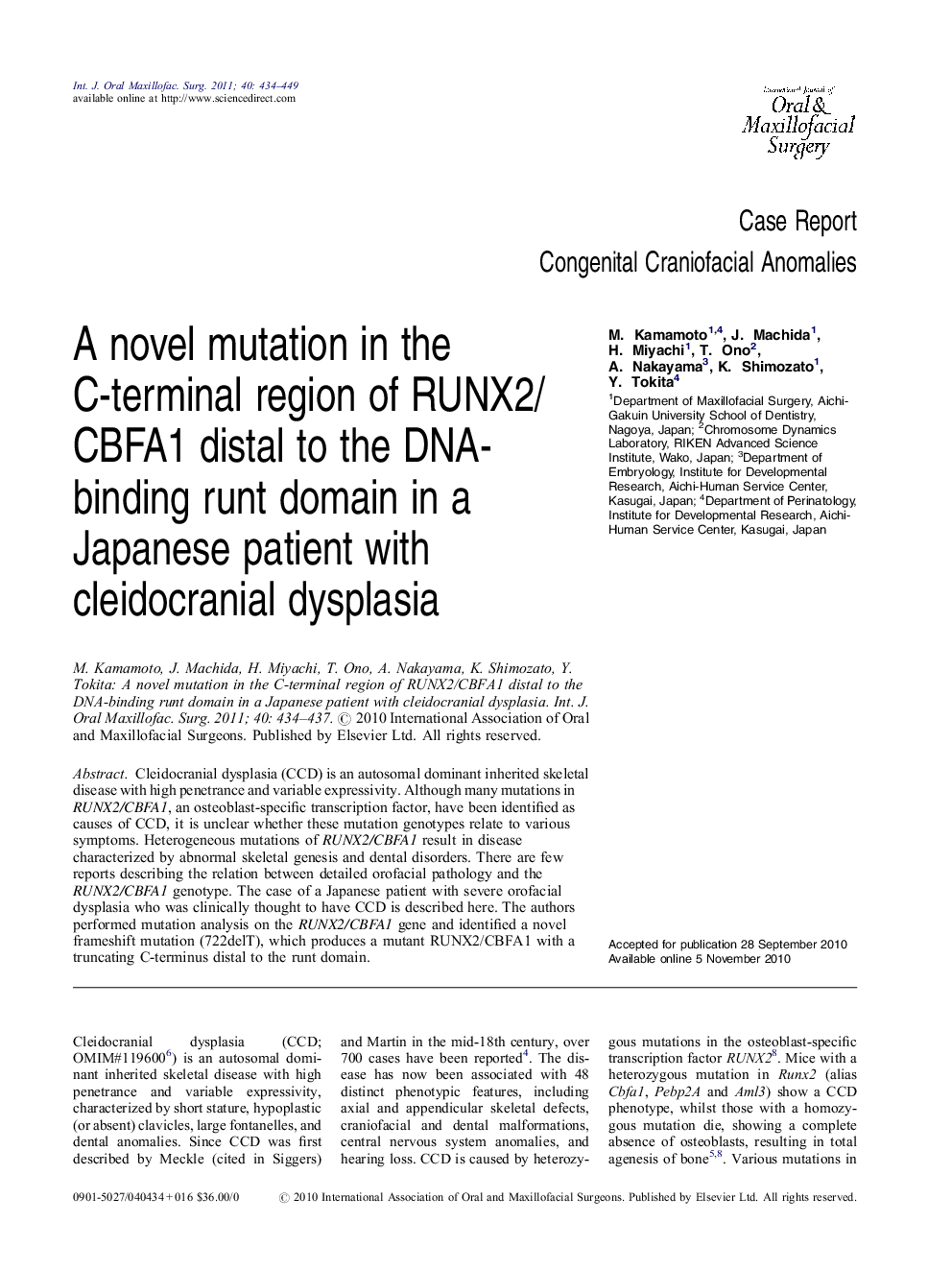 A novel mutation in the C-terminal region of RUNX2/CBFA1 distal to the DNA-binding runt domain in a Japanese patient with cleidocranial dysplasia