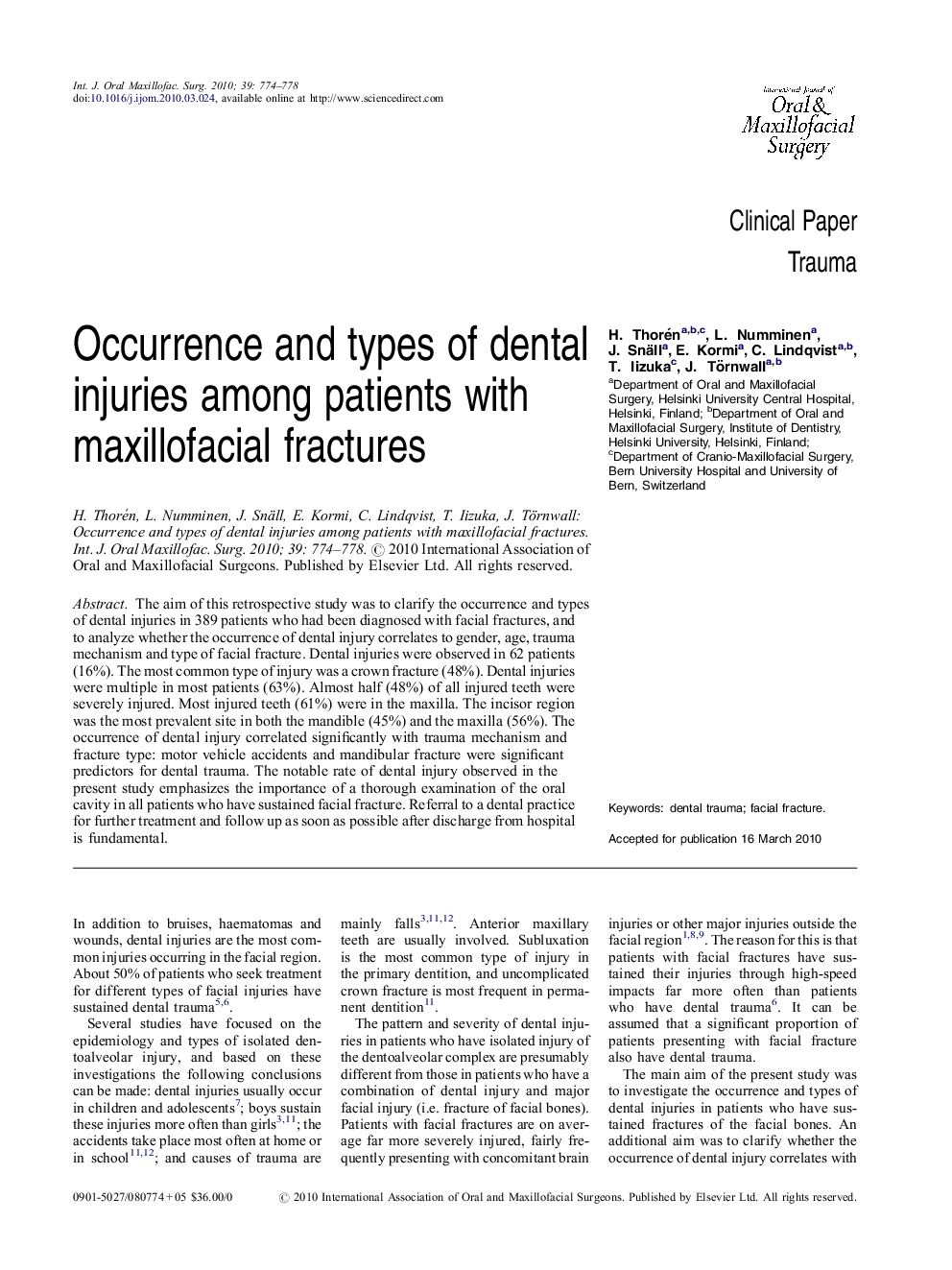 Occurrence and types of dental injuries among patients with maxillofacial fractures